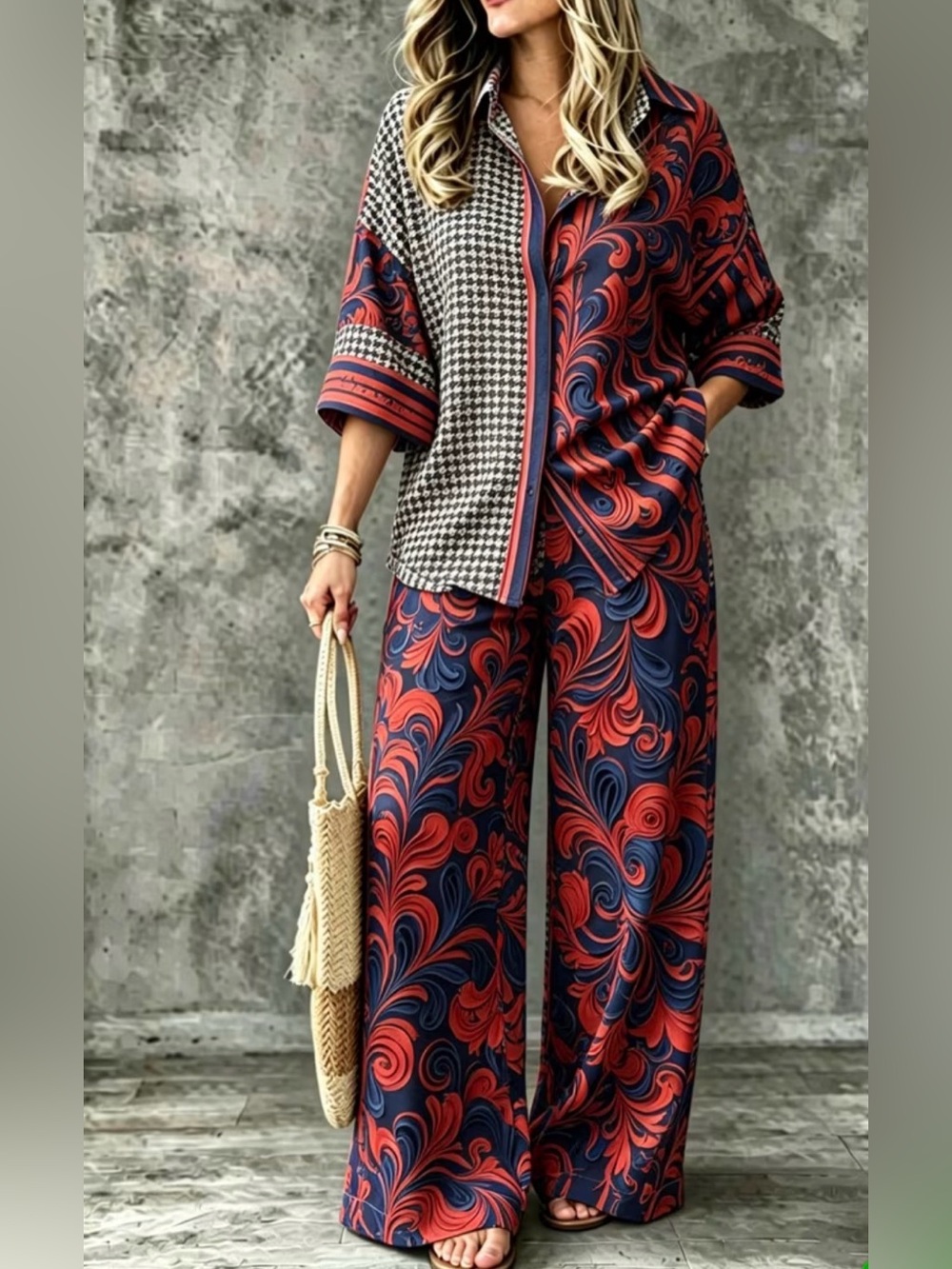 Women’s Mixed Print Button Down Top & Wide Leg Pants 2 Piece Set